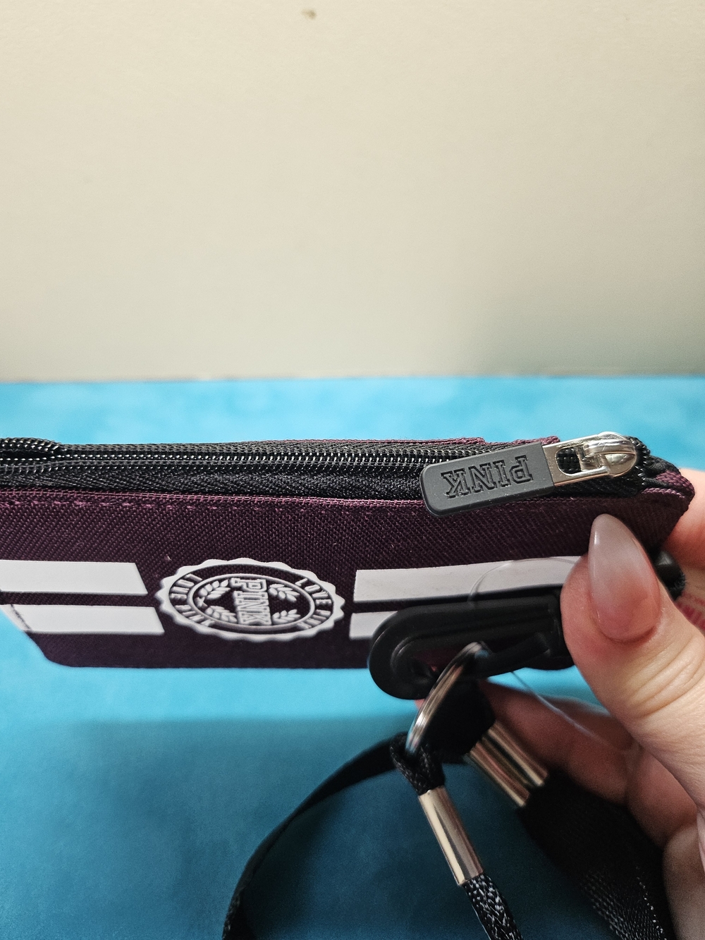 PINK Victoria's Secret Crossbody Card Holder - Burgundy with White Stripes - Picture 3 of 4